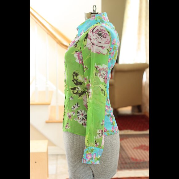 DOLCE & GABBANA Sheer Bright Green, Pink, Blue Floral Long Sleeve Silk Shirt - Picture 2 of 5